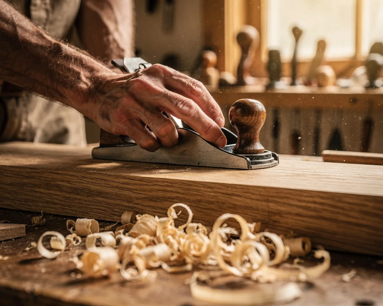 Mains d'artisan rabotant une planche de chêne, copeaux de bois clair