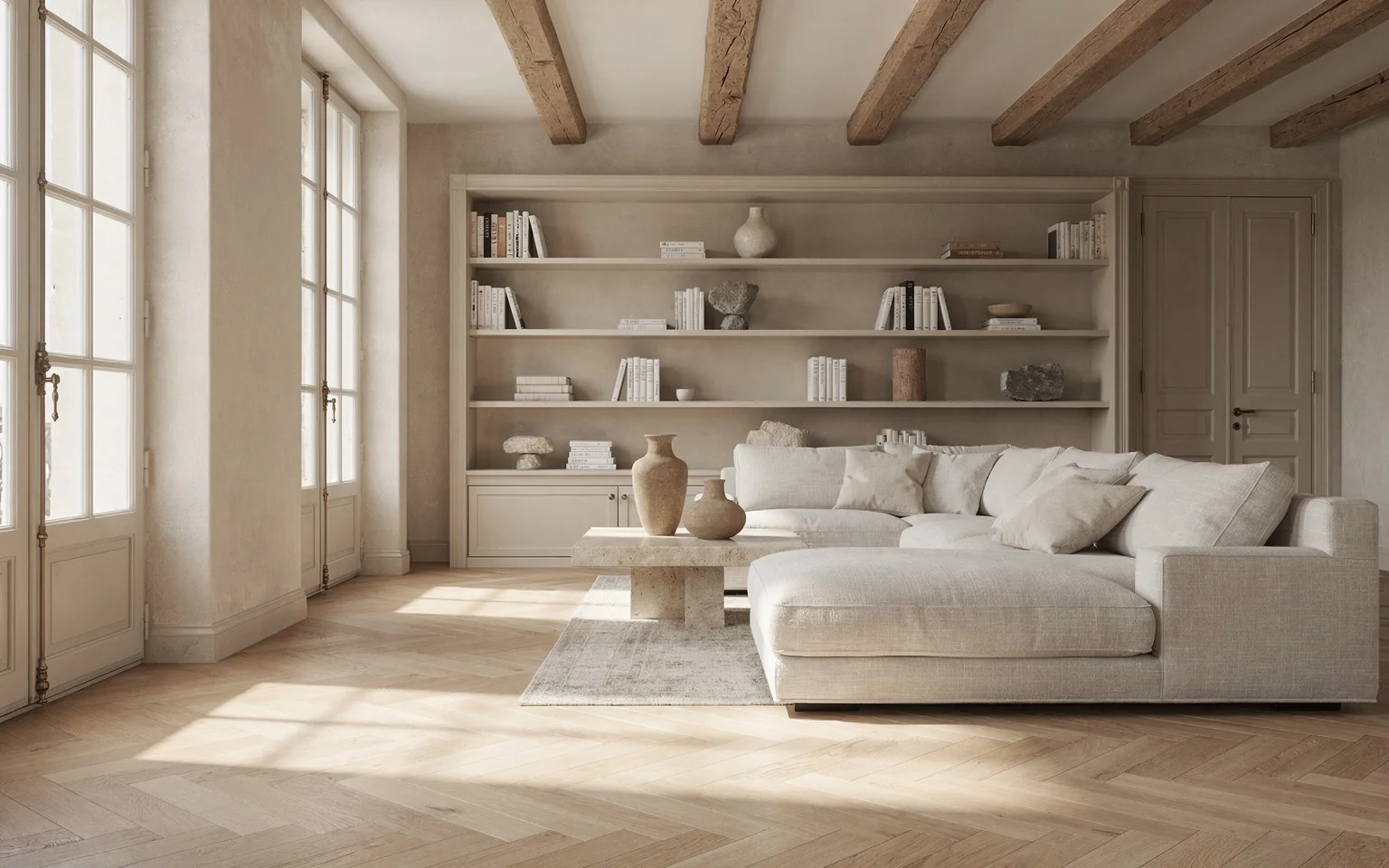 Salon rénové au parquet de chêne clair et poutres apparentes