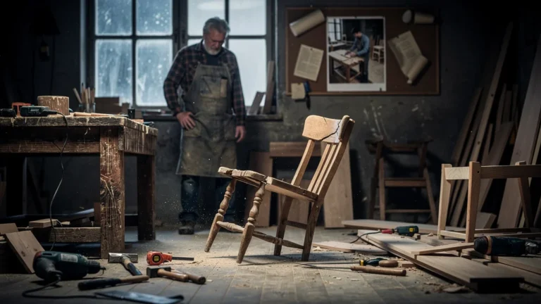 Atelier de menuisier avec chaise cassée symbolisant une erreur coûteuse liée au choix de l’artisan au seul prix