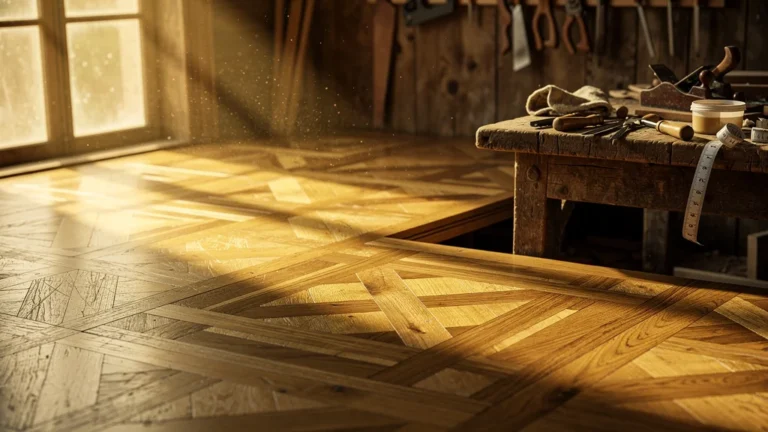 Sol en parquet Versailles en chêne doré, superbe et complexe à poser, dans un atelier de menuiserie lumineux