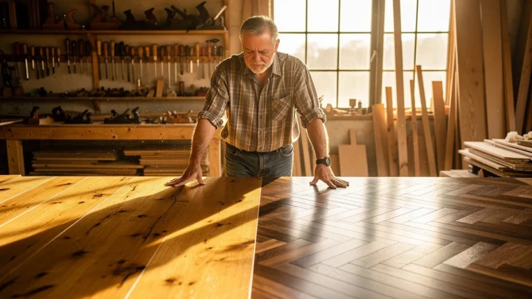 Menuisier choisissant entre des lames de parquet larges et étroites dans un atelier lumineux