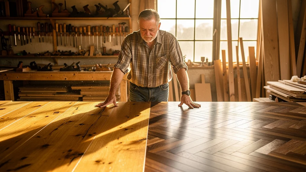 Menuisier choisissant entre des lames de parquet larges et étroites dans un atelier lumineux