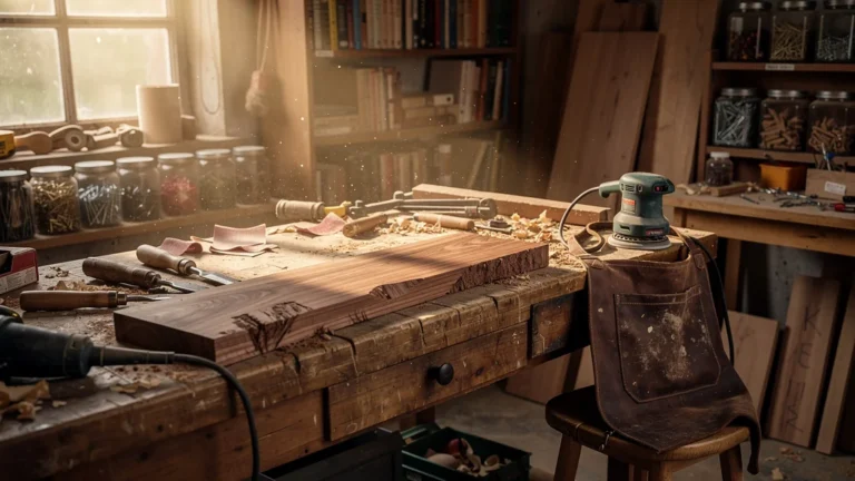 Atelier de menuiserie avec bois poncé de travers et papier abrasif mal choisi, illustration de perte de temps