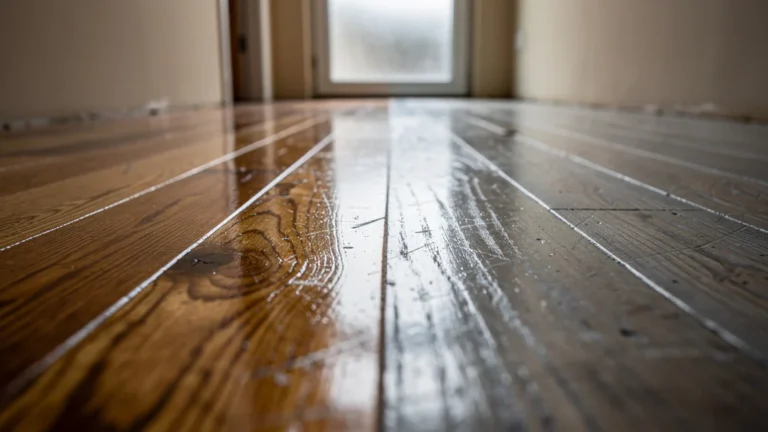 Comparaison ultra-réaliste de deux vernis de finition sur un plancher de couloir après un an