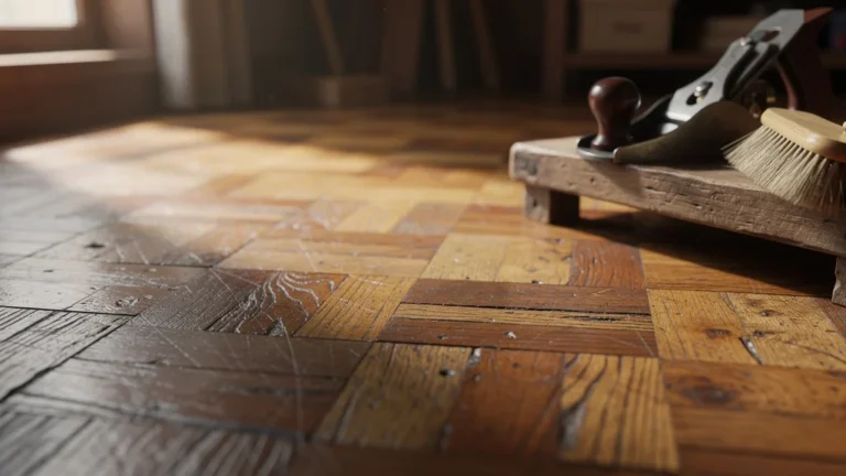 Parquet patiné ancien en bois naturel avec belle usure, question de vitrification du parquet à l’aspect vieilli