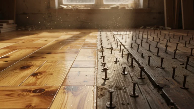 Parquet comparant colle et clous sur deux zones distinctes d’un même sol en bois naturel