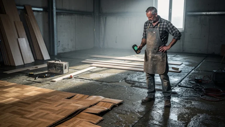 Humidité sous-estimée d'une dalle avant la pose de parquet, sol en béton mouillé avec parquet déformé