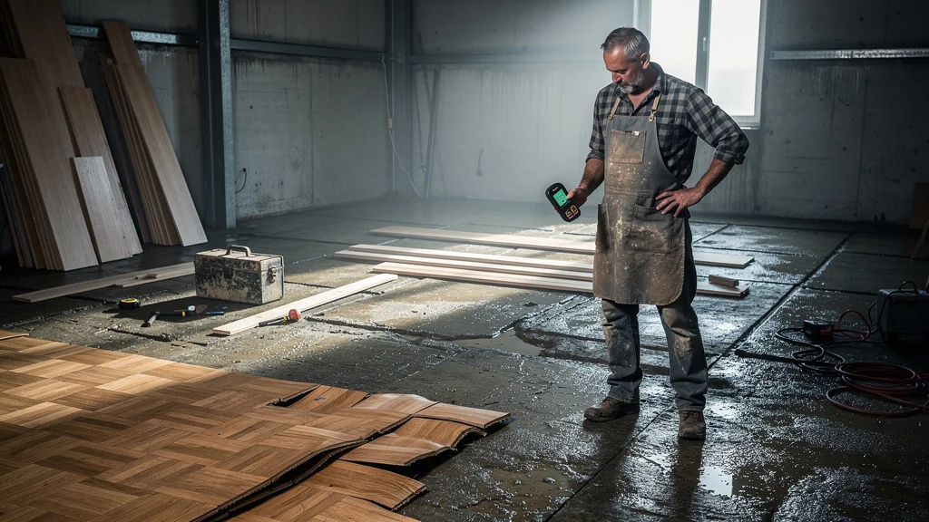 Humidité sous-estimée d'une dalle avant la pose de parquet, sol en béton mouillé avec parquet déformé