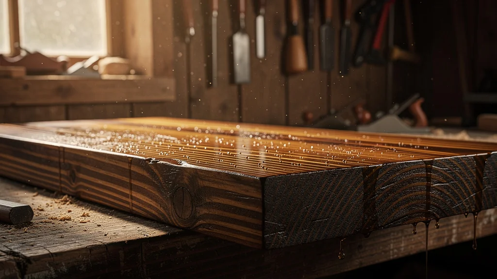 Planche de bois protégée par une couche d'huile dure, montrant sa texture et son éclat naturel