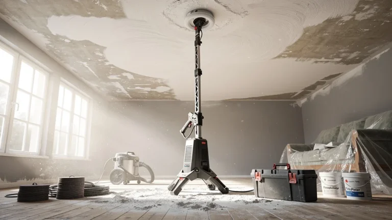 Chantier de plafond rénové avec une ponceuse girafe empruntée, outil révolutionnaire pour menuisier
