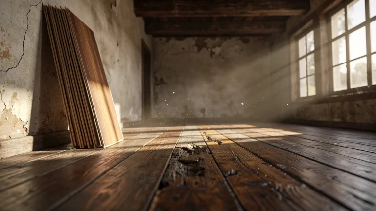Comparaison entre plancher flottant moderne et vieux plancher en bois usé dans un intérieur rustique