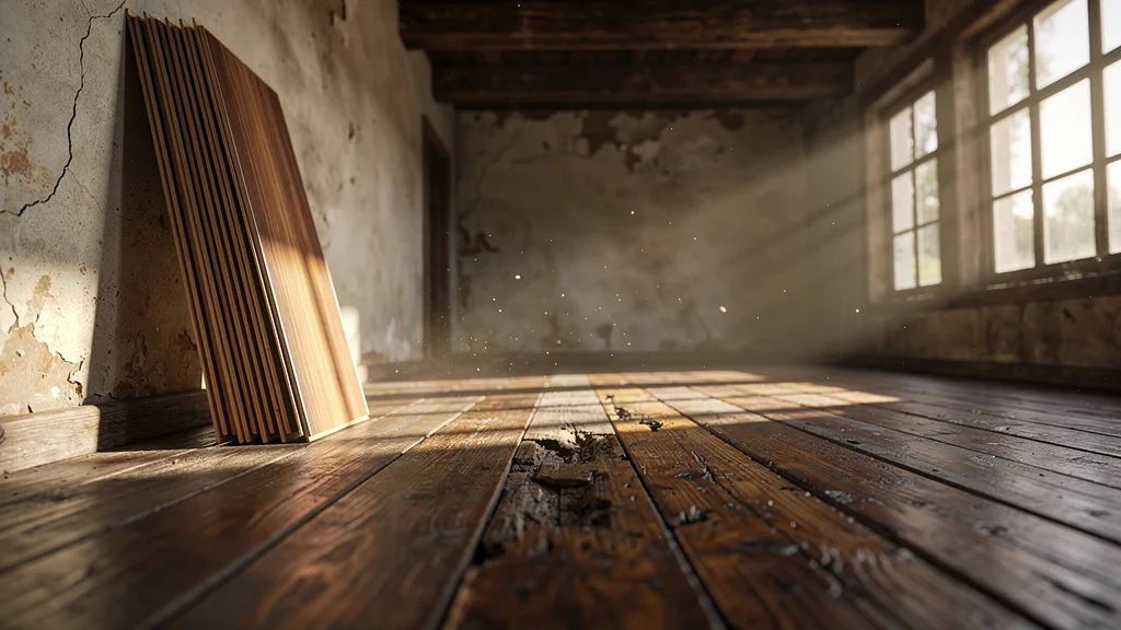 Comparaison entre plancher flottant moderne et vieux plancher en bois usé dans un intérieur rustique