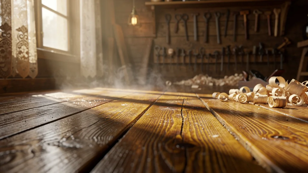 Plancher ancien en bois respirant sous une lumière dorée dans un atelier menuisier traditionnel