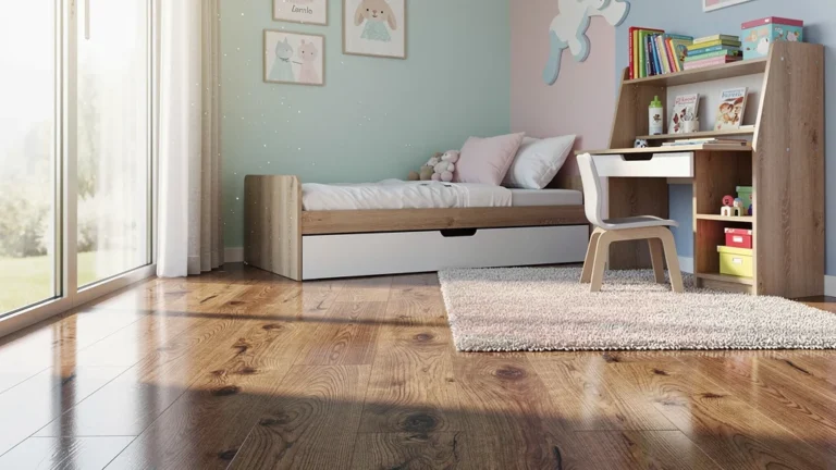 Chambre d'enfant moderne avec sol stratifié imitant parfaitement le bois massif, décor chaleureux et lumineux