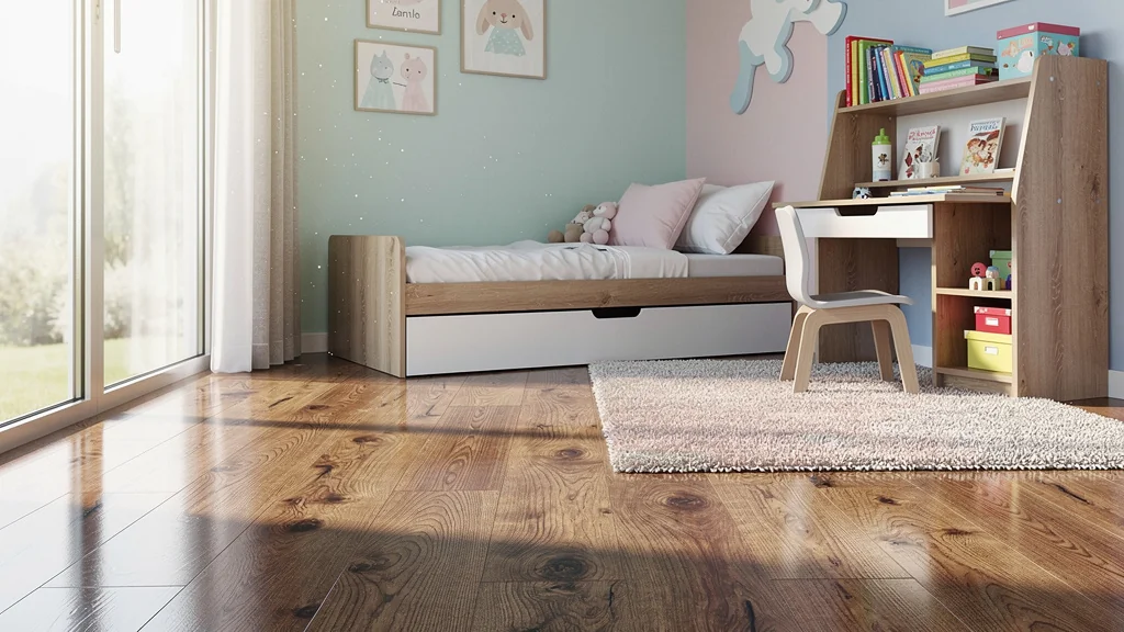 Chambre d'enfant moderne avec sol stratifié imitant parfaitement le bois massif, décor chaleureux et lumineux