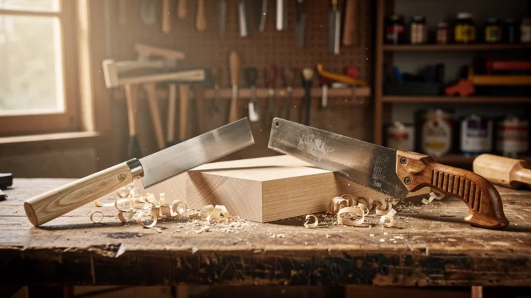 Comparaison ultra-réaliste scie japonaise et scie classique sur une coupe d'onglet précise en bois