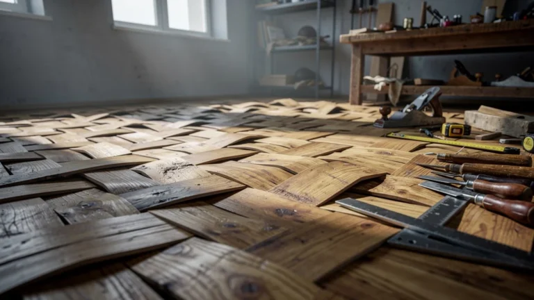 Parquet en bois déformé par humidité, résultat d'un mauvais acclimatage du bois dans un intérieur atelier