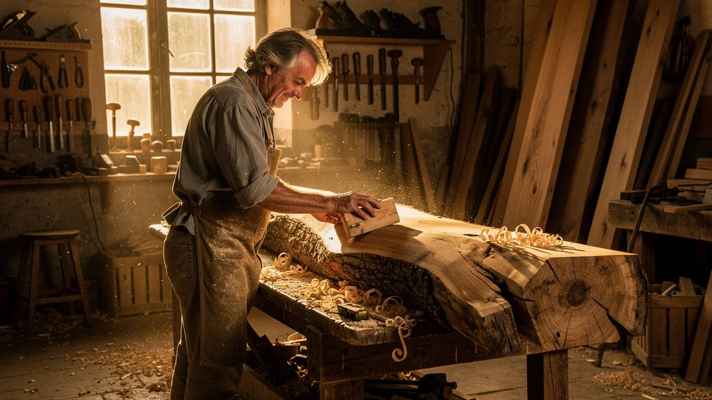 Artisan ponçant un vieux chêne du Perche dans un atelier en lumière naturelle chaleureuse