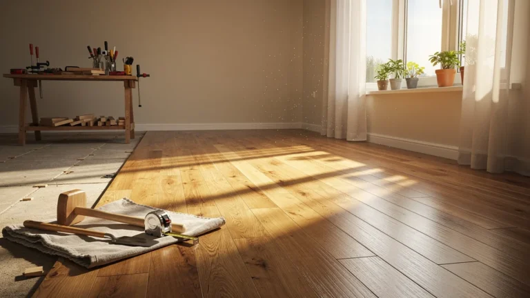 Grande pièce lumineuse avec parquet en chêne partiellement posé, outils de menuiserie visibles