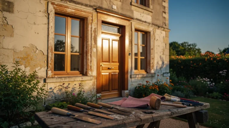 Rénovation des menuiseries d'une maison mancelle traditionnelle sous un soleil d'été, travail artisanal visible