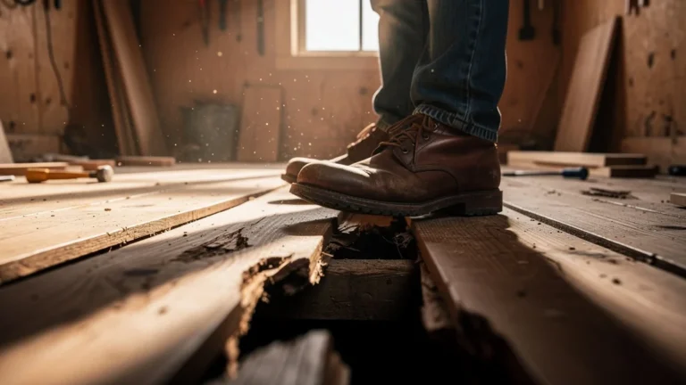 Plancher en bois qui claque à chaque pas sans sous-couche, intérieur d’atelier d’un menuisier