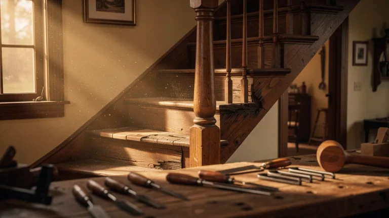 Escalier en bois réparé sans démontage visible dans un atelier de menuiserie chaleureux et réaliste