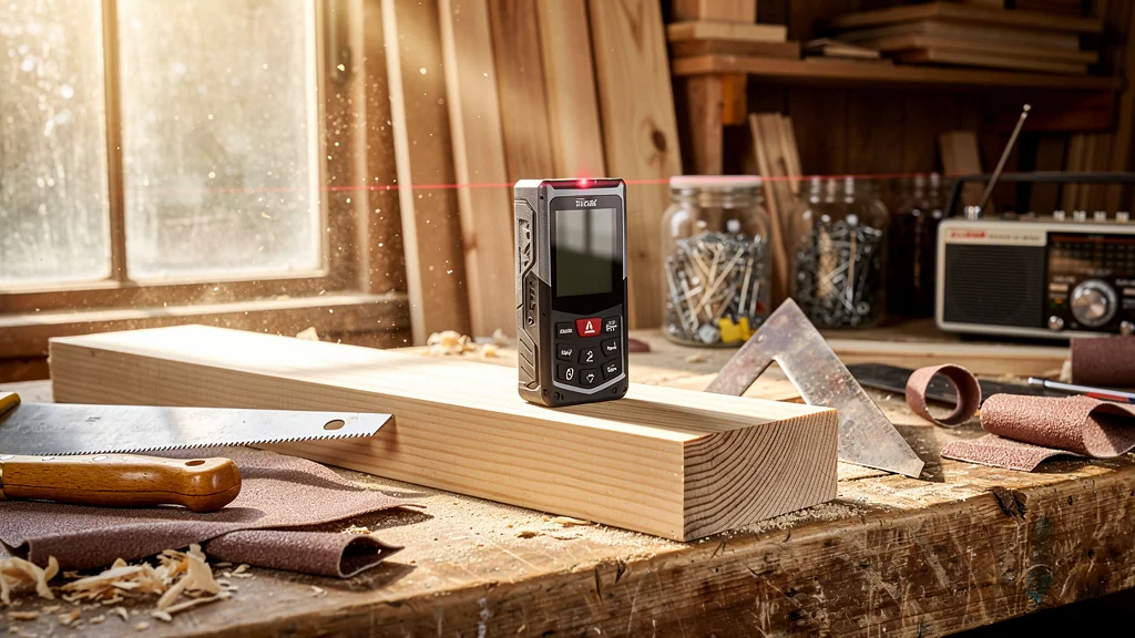 Mètre laser bon marché mesurant une plinthe en bois dans un atelier de menuiserie authentique