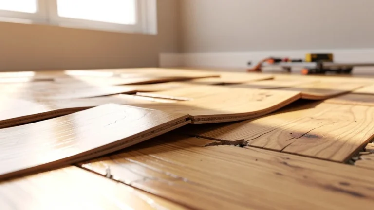 Parquet en bois déformé sans joint de dilatation, lames qui tuilent visibles en gros plan