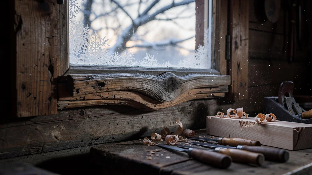Fenêtre en bois gonflée par l'hiver dans un atelier de menuisier, montrant le fil du bois avec détails hyper-réalistes