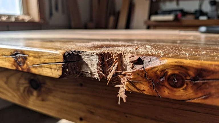 Lame d'outil émoussée arrachant le fil d'un plan de travail en bois avec détails réalistes